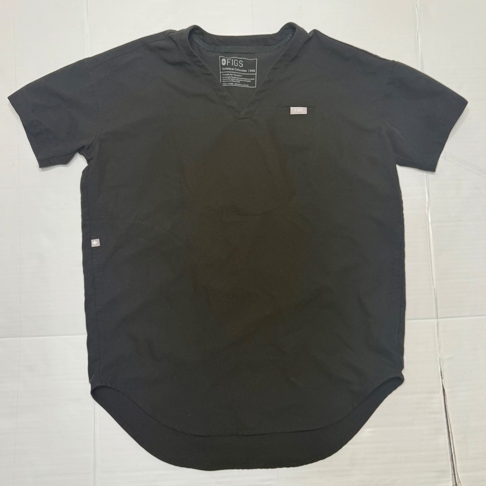 FIGS Technical Collection Scrub Top Black XXS V-Neck Short Sleeve Curved Hem